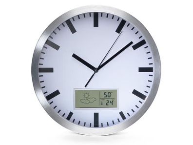 Aluminium Wanduhr mit LCD Display und Thermometer, Hygrometer & Wettervorhersage Ø