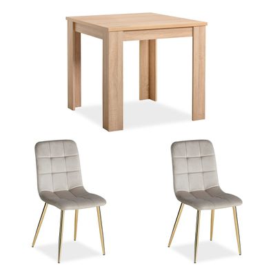 Esstisch mit 2 Stühlen Set Essgruppe Samt Polsterstühle Creme Küchentisch Modern