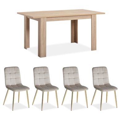 Esstisch mit 4 Stühlen Set Essgruppe Samt Polsterstühle Creme Küchentisch Modern