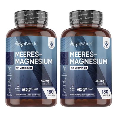 Magnesium als Magnesiumoxid - 180 Meeres - 360mg pro Kapsel - WeightWorld -2 Flaschen