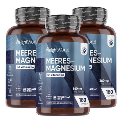 Magnesium als Magnesiumoxid - 180 Meeres - 360mg pro Kapsel - WeightWorld -3 Flaschen