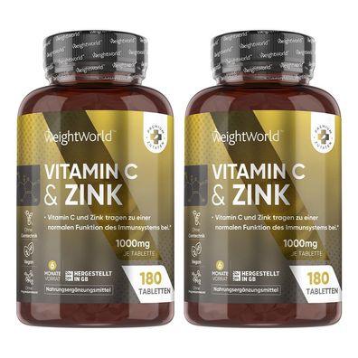 Vitamin C & Zink Tabletten - 6 Monate Vorrat - 180 vegane Tabletten - 2 Flaschen