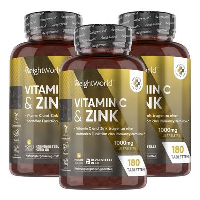 Vitamin C & Zink Tabletten - 6 Monate Vorrat - 180 vegane Tabletten - 3 Flaschen