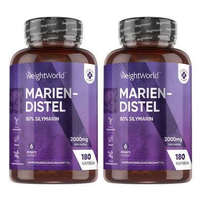 Mariendistel Kapseln - 2000mg Pulver - Mit 80% Silymarin - 2 Flaschen