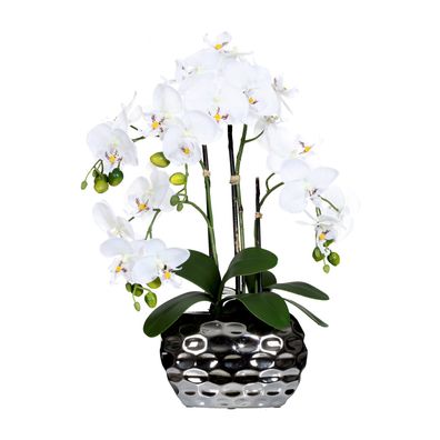 Kunst-Orchidee Phalaenopsis 55 cm mit silberner Vase für Deko
