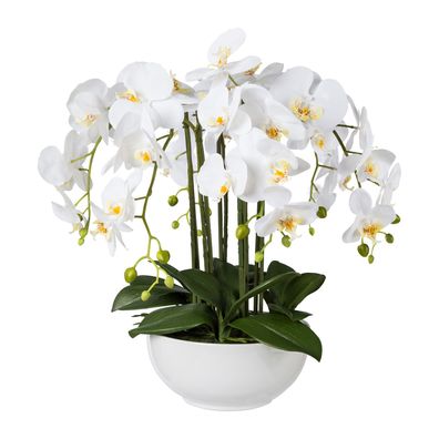 Künstliche Phalaenopsis Orchidee 54 cm in weißer Keramikschale