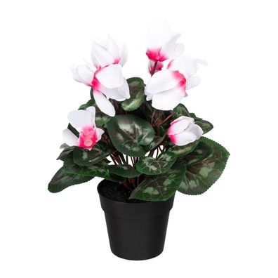 Künstliches Alpenveilchen 30 cm im schwarzen Topf – Fuchsie, Rot, Weiß-Pink