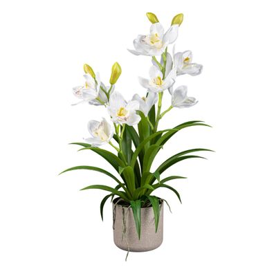Cymbidie Kunstpflanze 58 cm - Weiße Orchidee in grauem Topf