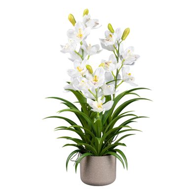 Cymbidie Kunstpflanze 70 cm im grauen Melamintopf mit weißen Blüten