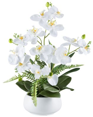 Phalaenopsisarrangement 55cm Weiß, Real Touch Kunstpflanze in Keramikschale