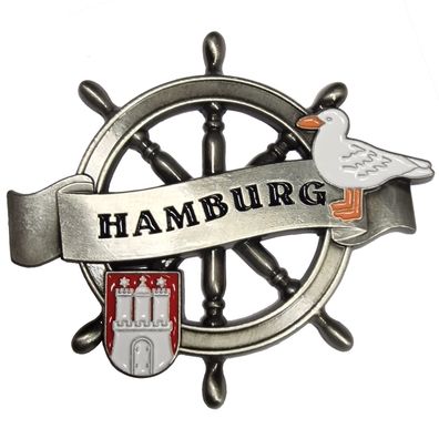 Kühlschrankmagnet Hamburg 3D - Steuerrad - Wappen - Möve - Magnet Souvenir Metall