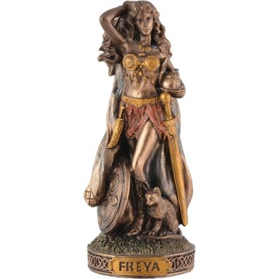 Miniatur Freya nordische Göttin des Krieges in Rüstung mit Schert, Schild und Katze