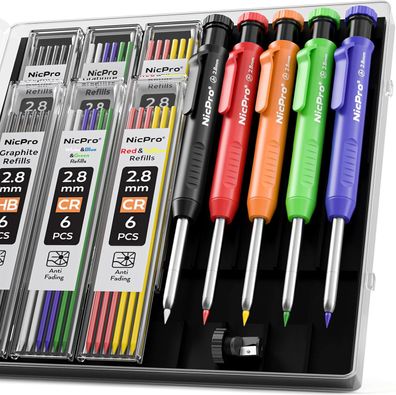 Nicpro Tieflochmarker Bleistift Set, 5 Solide Zimmermannsbleistifte mit 41 Minen