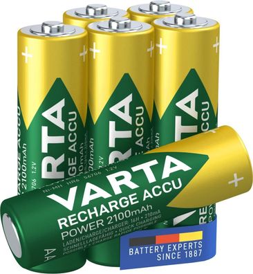 VARTA Batterien AA, wiederaufladbar, 6 Stück, Recharge Accu Power, Akku, 2100