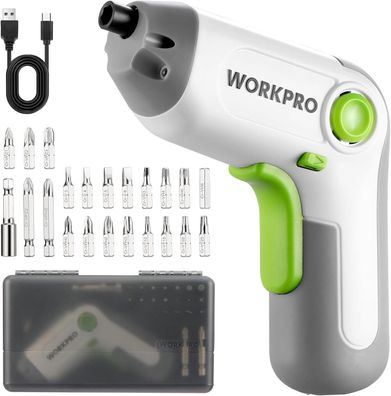 Workpro Akkuschrauber Set 3,6V Schraubendreher, mit 21 Bits & 2000mAh Akku, weiß