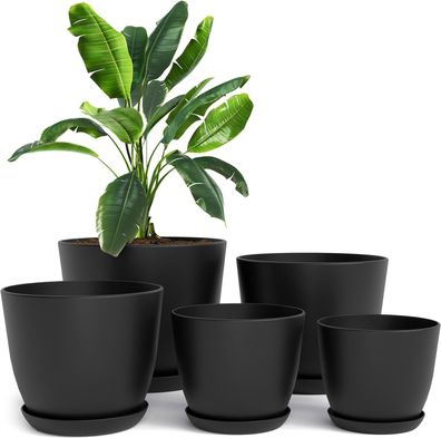 Utopia Home Blumentopf, 5er-Pack (Schwarz), (ø18-ø17-ø15-ø13-ø12 cm) Übertopf