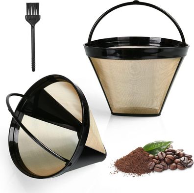 AOMIG Wiederverwendbar Kaffee Filter, 2 Stück Goldtonfilter Größe 4 mit Bürste