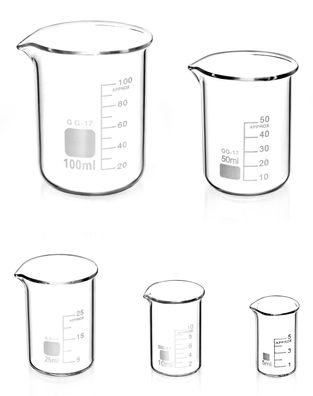 QWORK® 5stk Abgestufter Messbecher Glas Becherglas 5ml 10ml 25ml 50ml 100ml Set