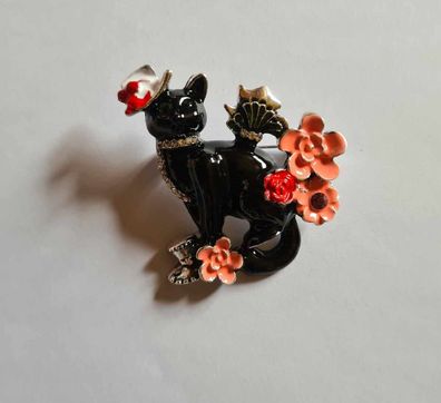 Schwarze Katzen Brosche, Tier Blumen Schmuck, Emaille Katzen Brosche(K2102257)