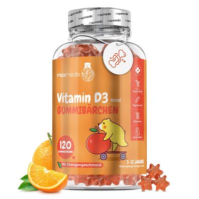 Vitamin D3 Kinder Gummibärchen - Für Knochen - 120 Orangen Fruchtgummies - maxmedix