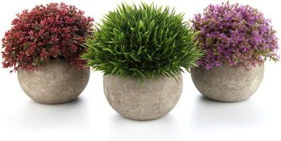 T4U Kunstpflanze Künstliche Blumen Gras Bonsai mit Topf Grün Rot Lila 3er-Set