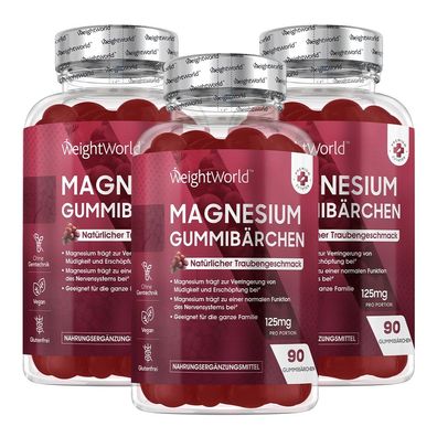 Magnesium Gummibärchen 125mg - 90 Magnesiumcitrat Gummis - 3 Flaschen - WeightWorld