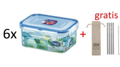 Lock & Lock 6er Set Frischhaltebox rechteckig 600ml HPL811 + Gratis 4er Set EKM