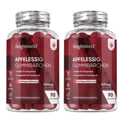 Apfelessig Gummibärchen 1000mg - 90 vegane Gummies - 2 Flaschen - WeightWorld