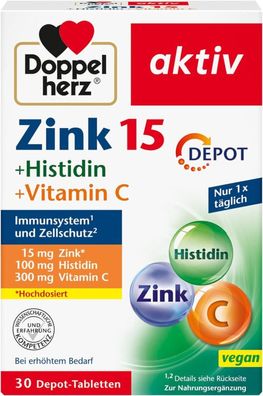 Doppelherz Zink 15 mg Histidin Vit. C für Immunsystem 30 Vegane Depot-Tabletten