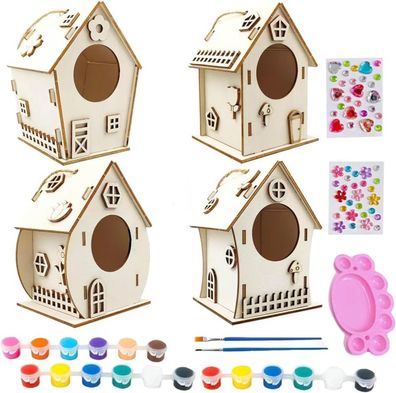 4er Set DIY Vogelhaus Bausatz Kinder 6+ Holz Basteln Bauen Malen Spielzeug