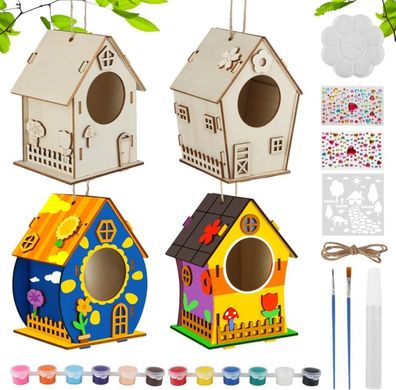 4 X Vogelhaus Bausatz DIY Holz zum Bemalen Bastelset für Kinder Mädchen Jungen