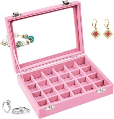 Jewelry Organizer Schmuckkasten 24 Fächer Glasdeckel für Ringe Ketten Ohrringe