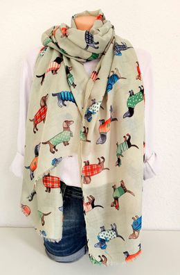 XXL Schal Halstuch Tuch Scarf Viskose/Baumwolle bunte kleine Hunde helles Grün