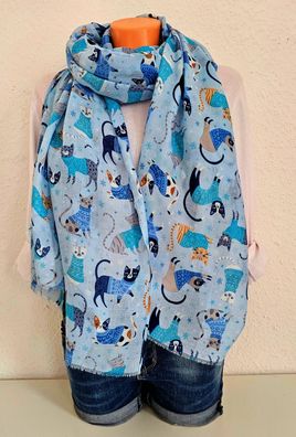 XXL Schal Halstuch Tuch Scarf Viskose/Baumwolle bunter Katzenprint Hellblau/Bunt