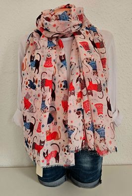 XXL Schal Halstuch Tuch Scarf Viskose/Baumwolle bunter Katzenprint Rosa/Bunt