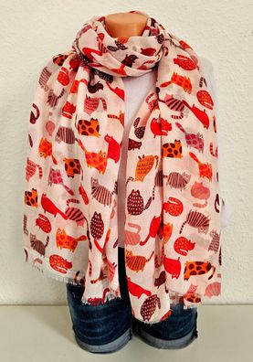 XXL Schal Halstuch Tuch Scarf Viskose/Baumwolle bunter Katzenprint Beige/Rottöne