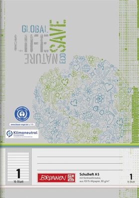 Brunnen 104518101 Schulheft Recycling A5 11 Liniensysteme, Kontrastlineatur, alle