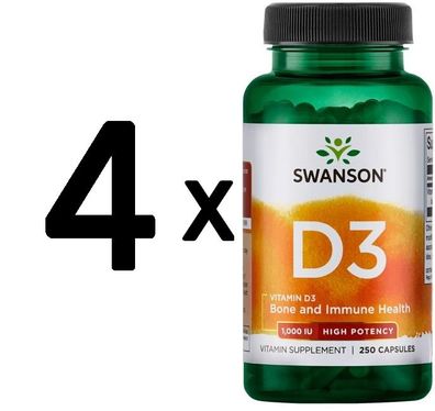 4 x Swanson Vitamin D-3, 1000 IU High Potency - 250 caps
