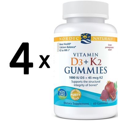 4 x Nordic Naturals Vitamin D3 + K2 Gummies, Pomegranate - 60 gummies