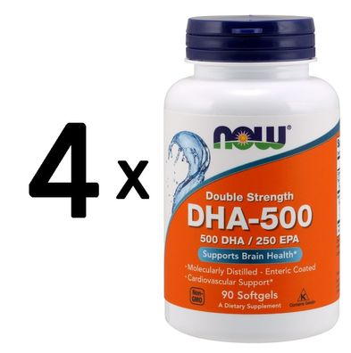 4 x NOW Foods DHA-500, Double Strength 500 DHA / 250 EPA - 90 softgels