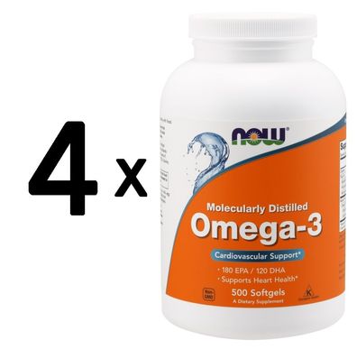 4 x NOW Foods Omega-3 Molecularly Distilled Fish Oil - 500 softgels