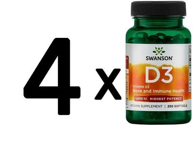 4 x Swanson Highest Potency Vitamin D-3, 5000 IU - 250 softgels