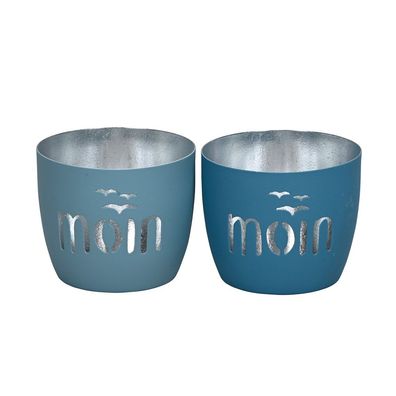 2tlg. Windlicht MOIN blau hellblau silber aus Metall mit ausgestanzter Schrift (