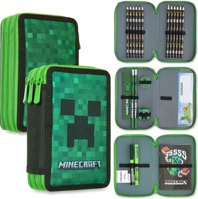 Minecraft Federmappe Mäppchen Federtasche Kinder Junge 3 Fächer + Schreibwaren