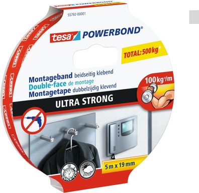 Tesa Powerbond Ultra Strong Montageband Doppelseitiges Klebeband 5 m x 19 mm