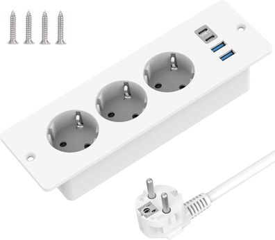 Tischplatte Versenkte Steckdose mit 2 USB und 2 Type-C, 3-Fach Einbau 21x4x6,6cm