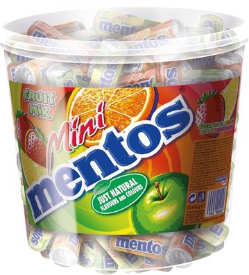 Mentos Mini Fruit Mix Kaubonbons Frucht-Dragees 4 Sorten Eimer 120 Rollen