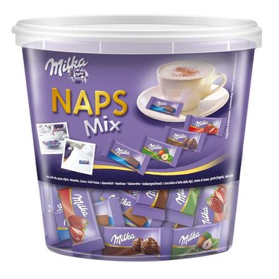 Milka Naps Mix Mini Schokoladentäfelchen Alpenmilch Erdbeer Haselnuss 1 kg Dose