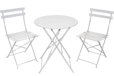 Bistro Set Garnitur 3 tlg. Metall Sitzgruppe Tisch und Stühle weiß klappbar