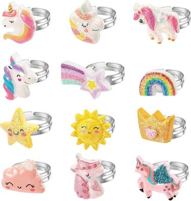 Hifot 12 Stéck Kinderringe Mädchen, Séße Einhorn Verstellbar Kinder Ringe Set, P